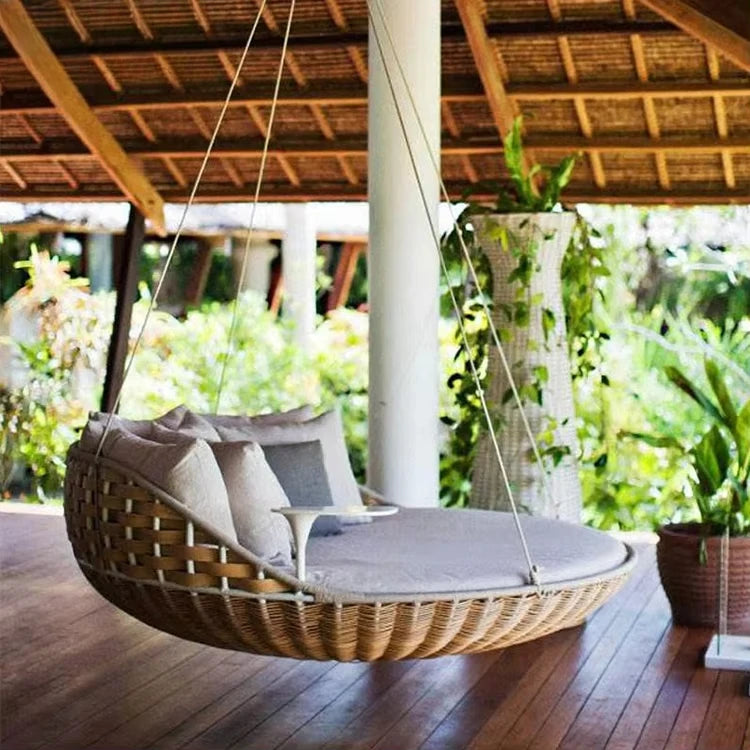 Courtyard Outdoor Rattan Open-Air Swing Chair with Attached Table - Natural Brown or White