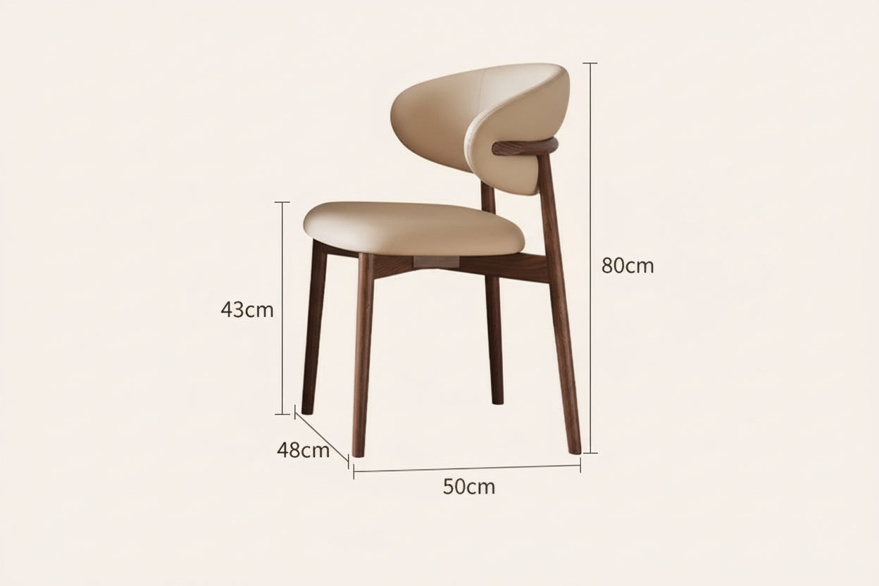 Measurement chart of a chair with dimensions and a dining room setting with a table and shelves.