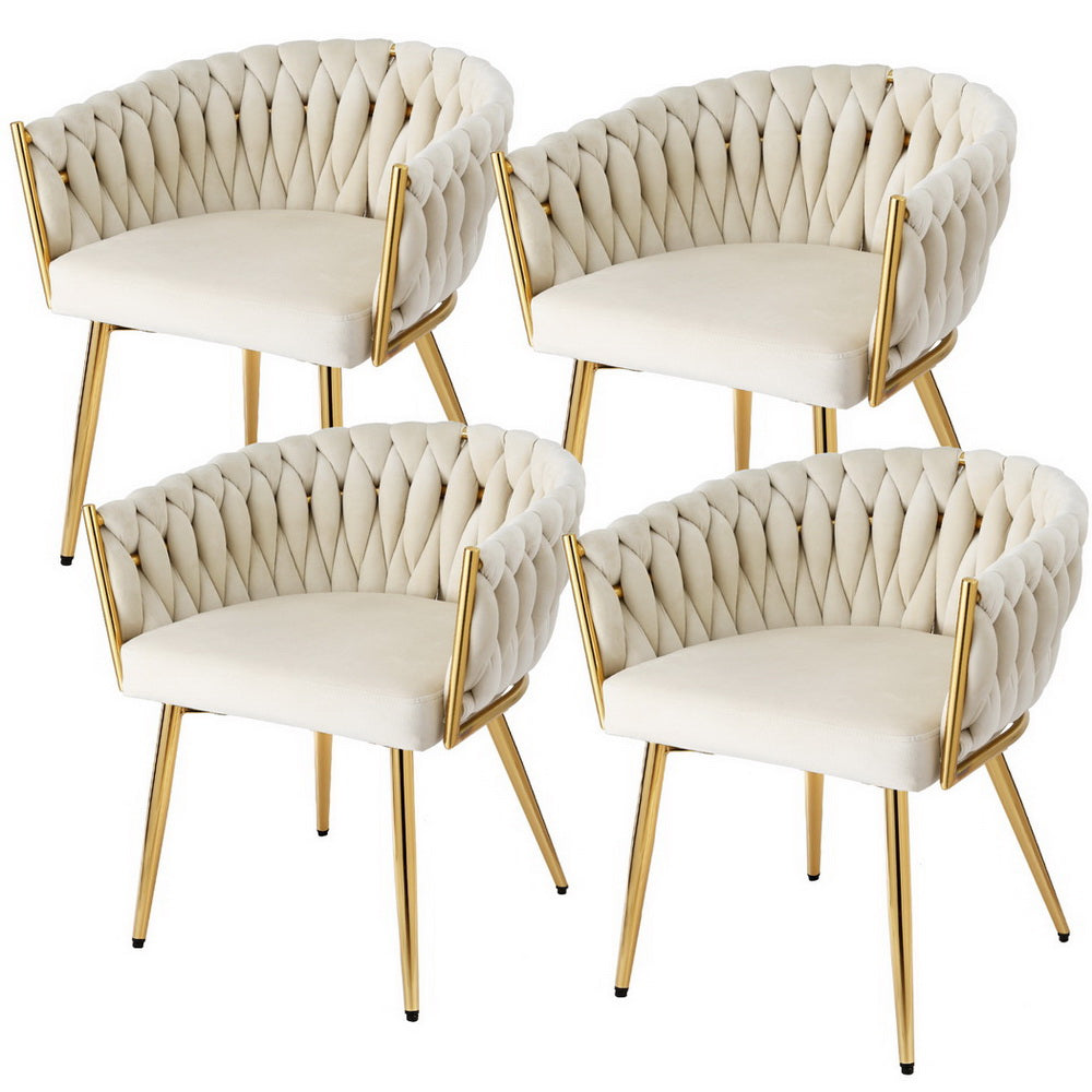 Set of 4 Beige Velvet Armrest Dining Chairs