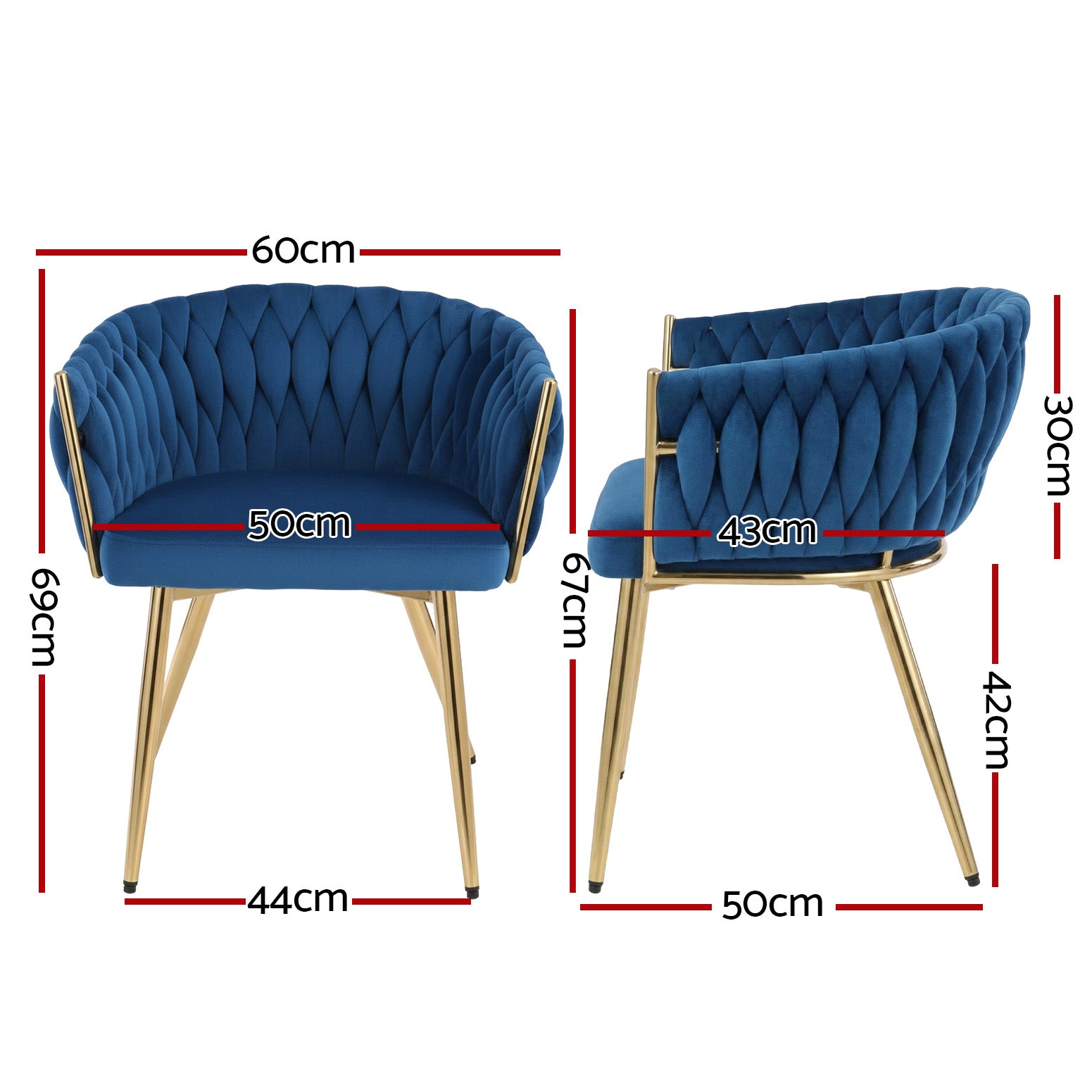 Set of 4 Dining Chairs Velvet Weaving Armchairs - Royal Blue