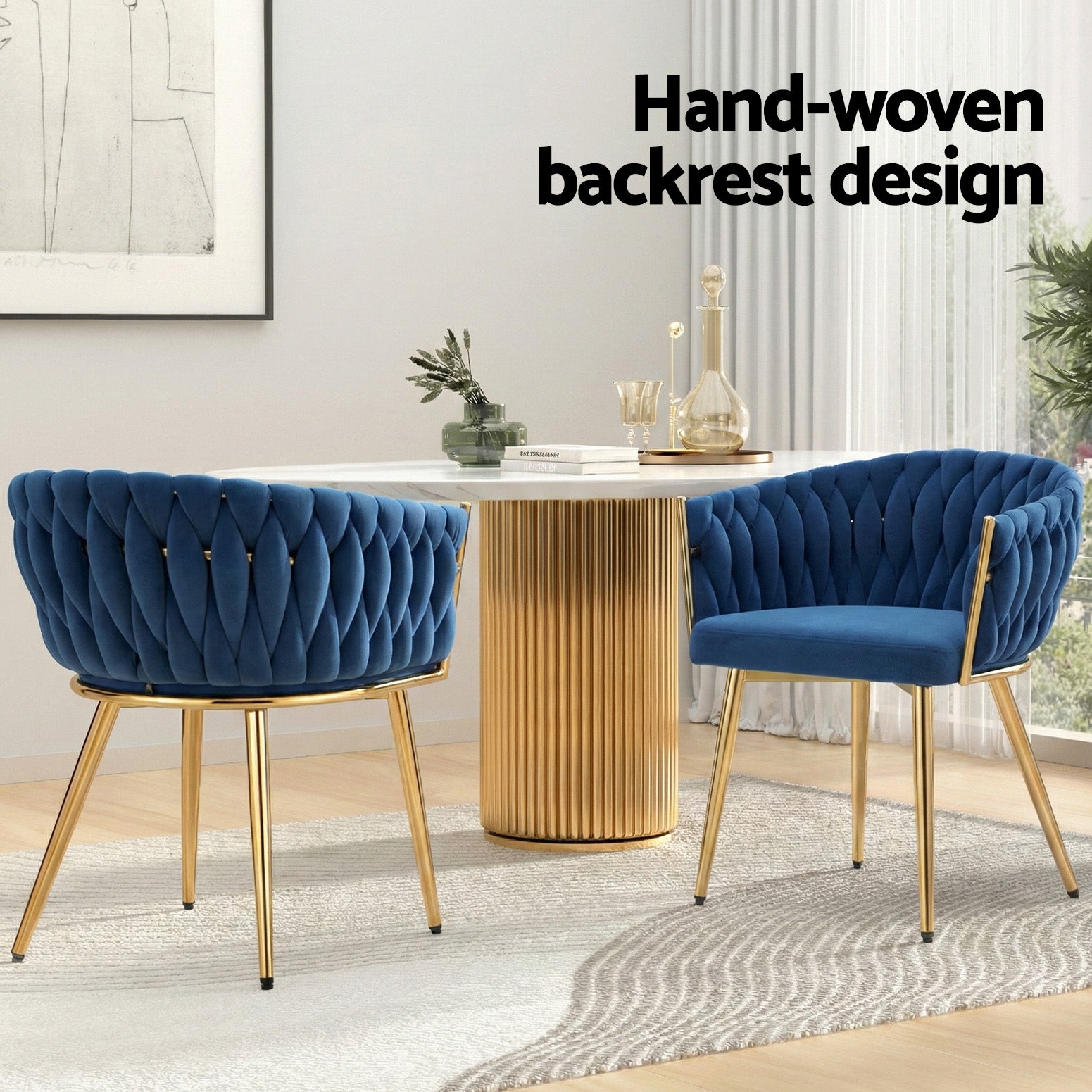 Set of 4 Dining Chairs Velvet Weaving Armchairs - Royal Blue