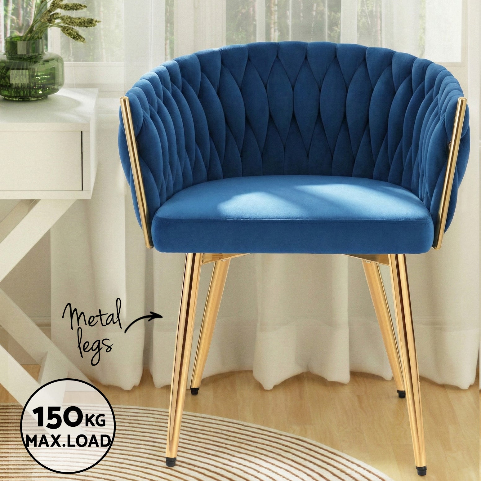 Set of 4 Dining Chairs Velvet Weaving Armchairs - Royal Blue