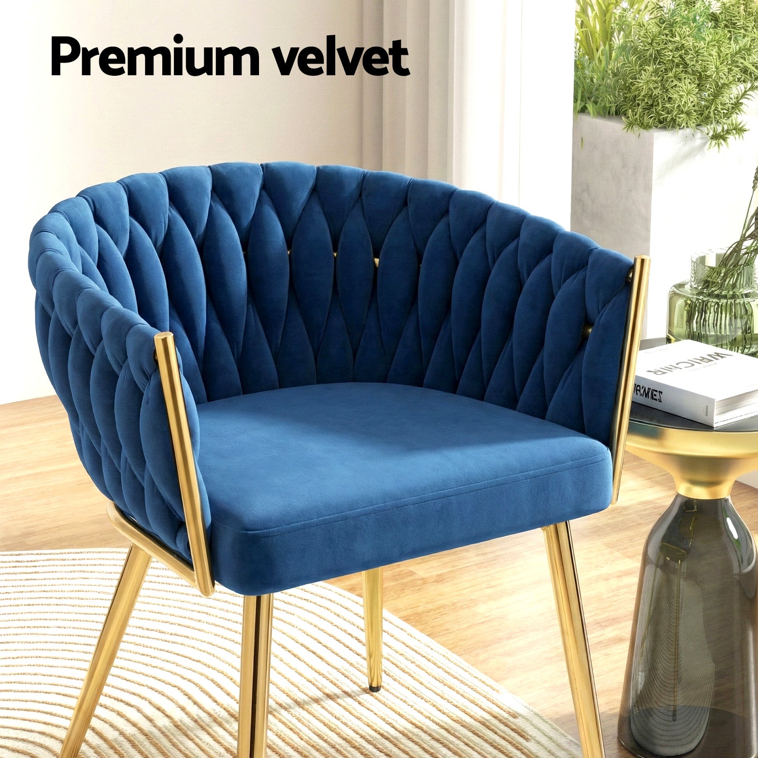 Set of 4 Dining Chairs Velvet Weaving Armchairs - Royal Blue