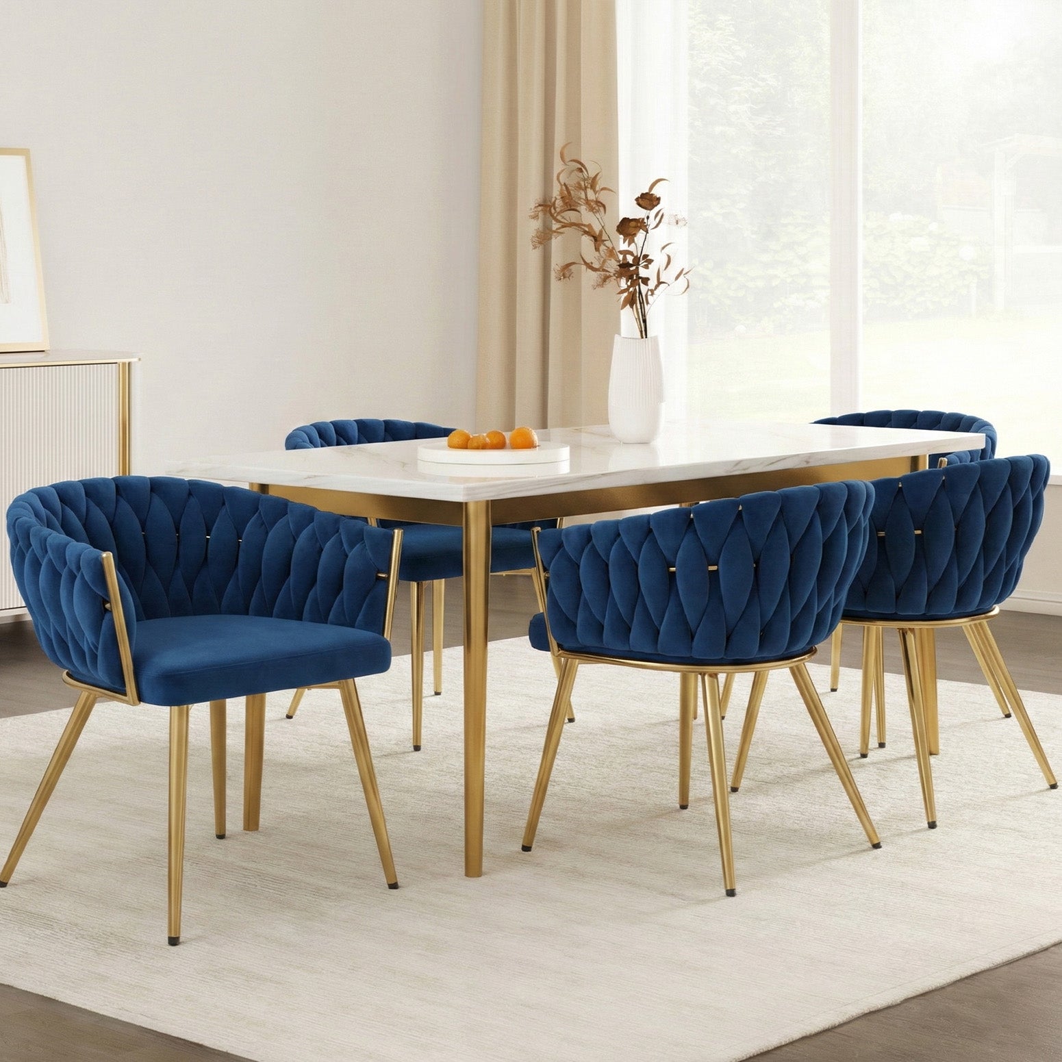 Set of 4 Dining Chairs Velvet Weaving Armchairs - Royal Blue