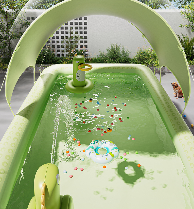Inflatable Kids Swimming Pool 300×175×56cm with Canopy & Dinosaur Spray – Green