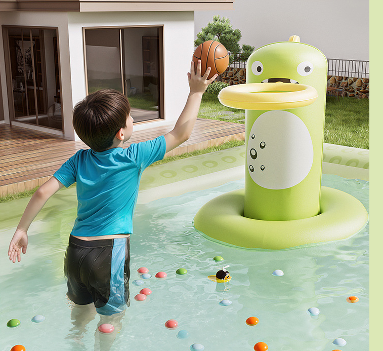 Child playing with a basketball hoop in a pool