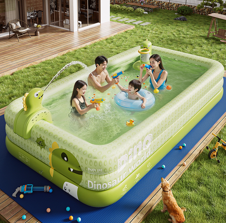 Inflatable Kids Swimming Pool 300×175×56cm with Canopy & Dinosaur Spray – Green