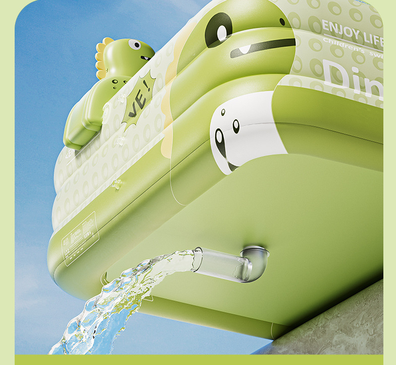Inflatable Kids Swimming Pool 300×175×56cm with Canopy & Dinosaur Spray – Green