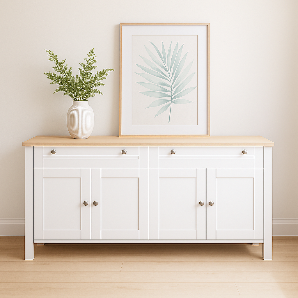 White sideboard with wooden top, vase with plants, and framed artwork on a beige wall.
