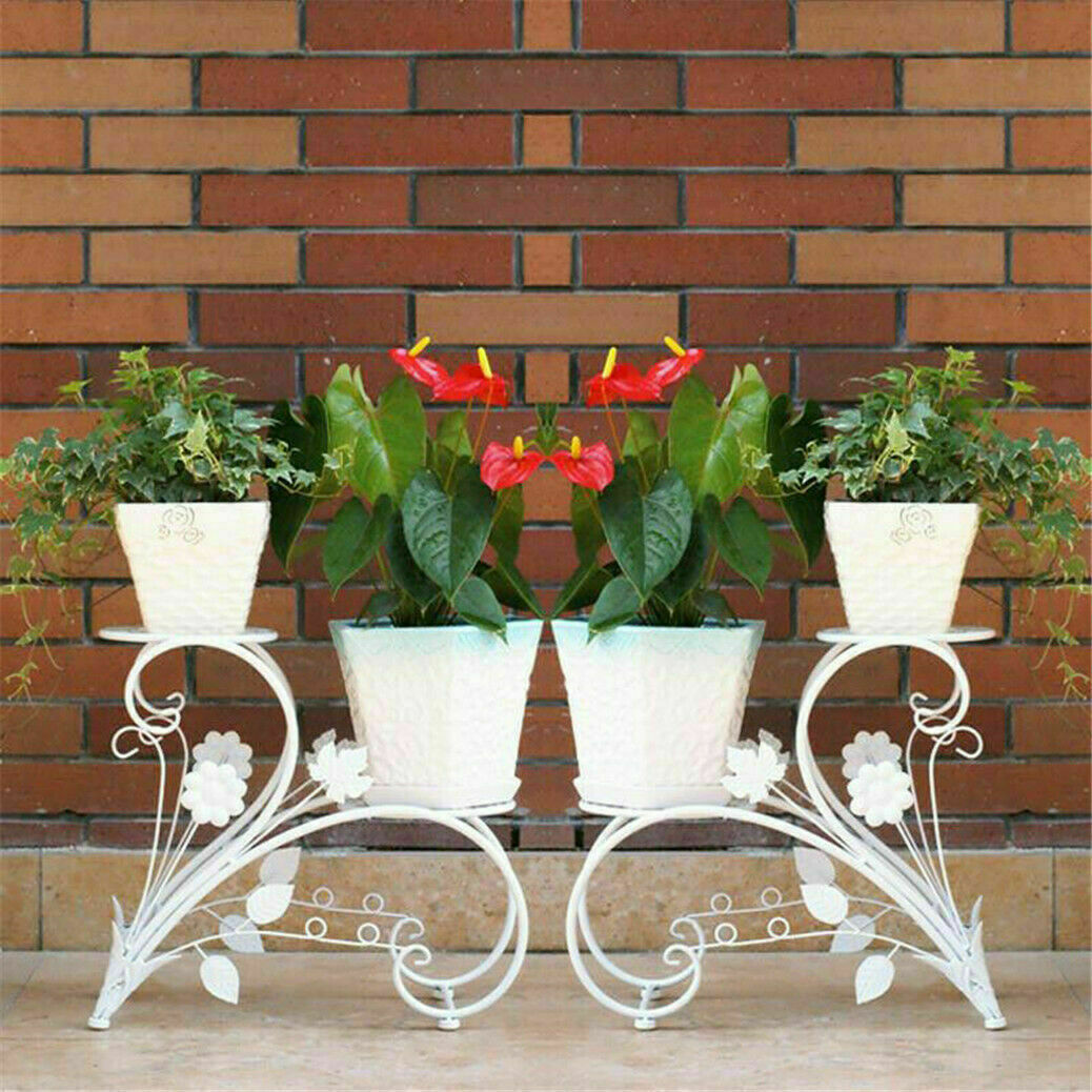 Set of 2 Iron Plant Stands With 2 Shelfs - White