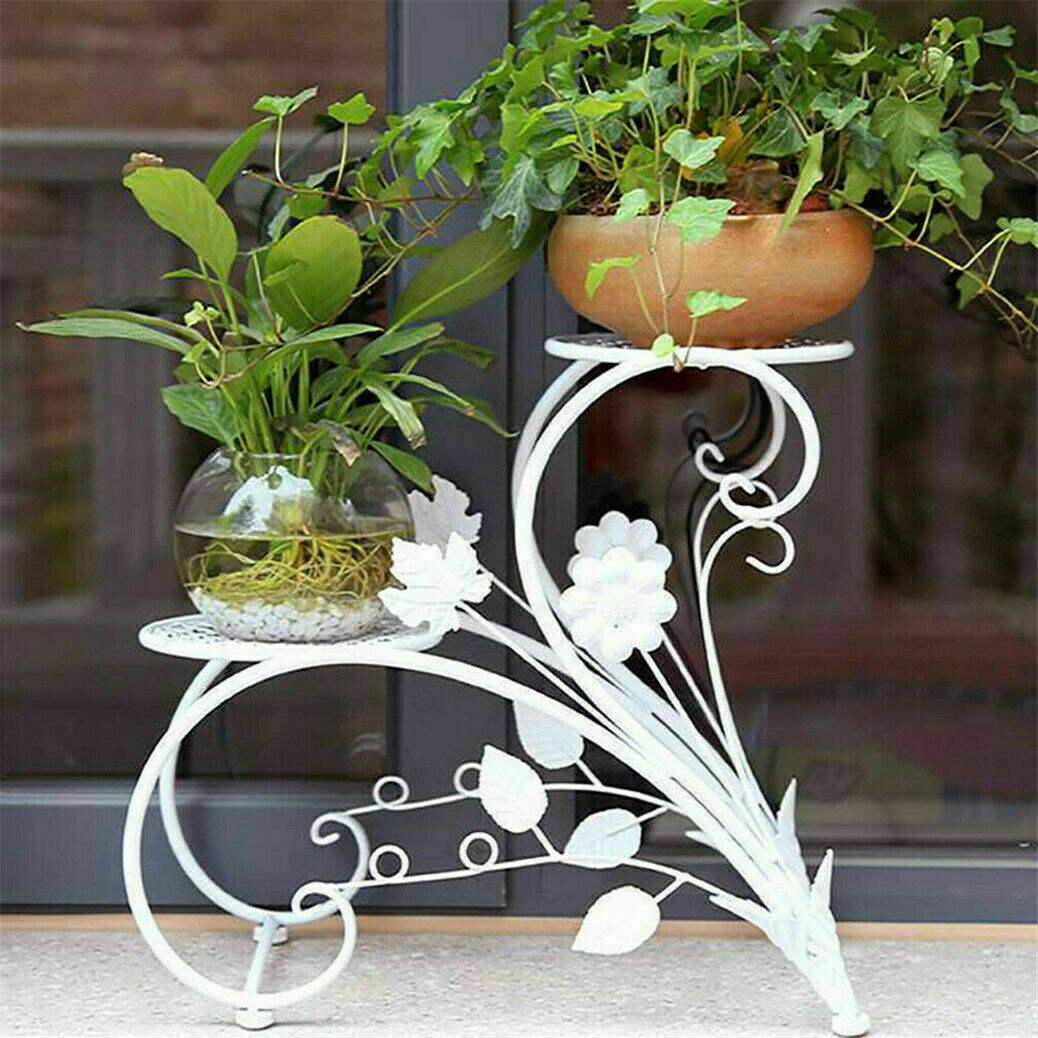 Set of 2 Iron Plant Stands With 2 Shelfs - White