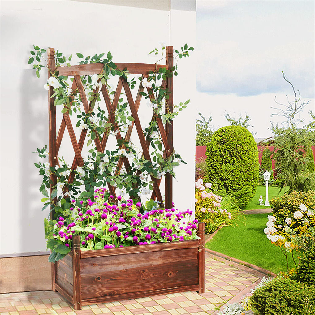 Elevated Wooden Planter Box with Trellis