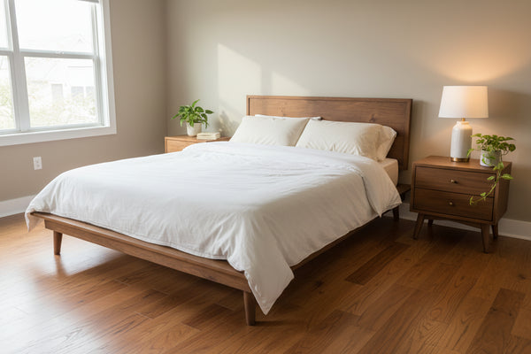 Wooden bed frame with slats on a white background