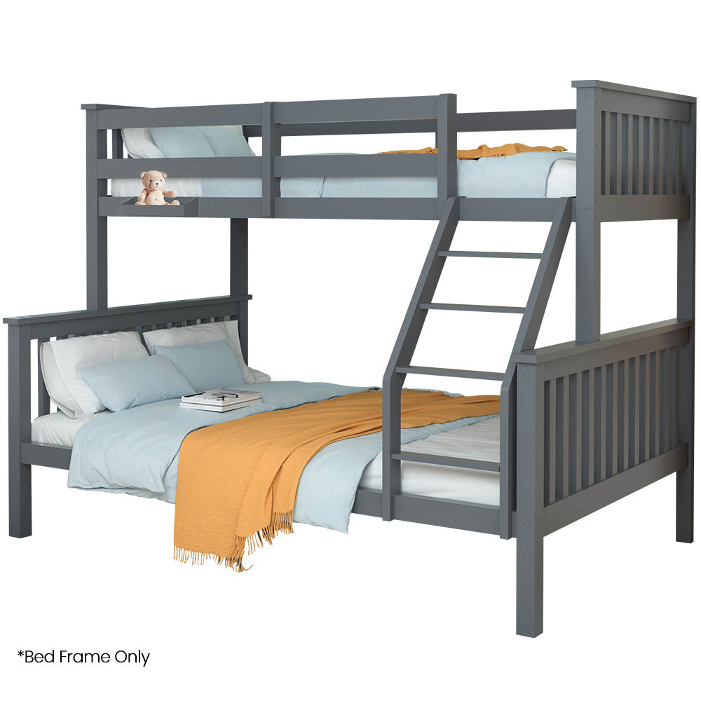 Gray wooden bunk bed with bedding and ladder on a white background