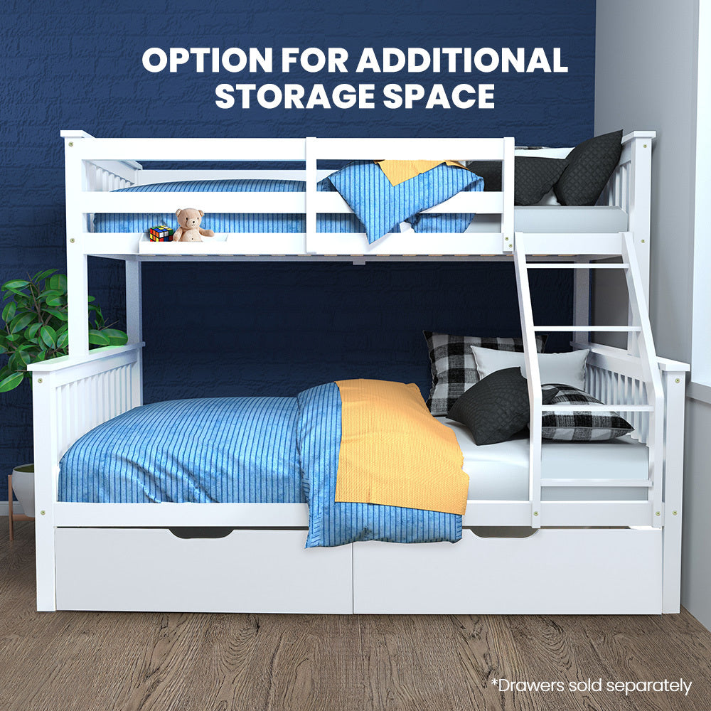 White bunk bed with additional storage drawers in a room setting.