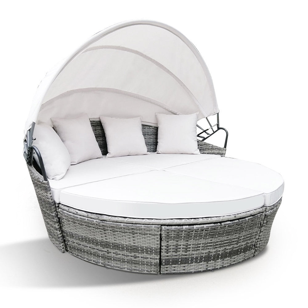 London Rattan 3pc Outdoor Daybed Patio Grey With Off White Canopy