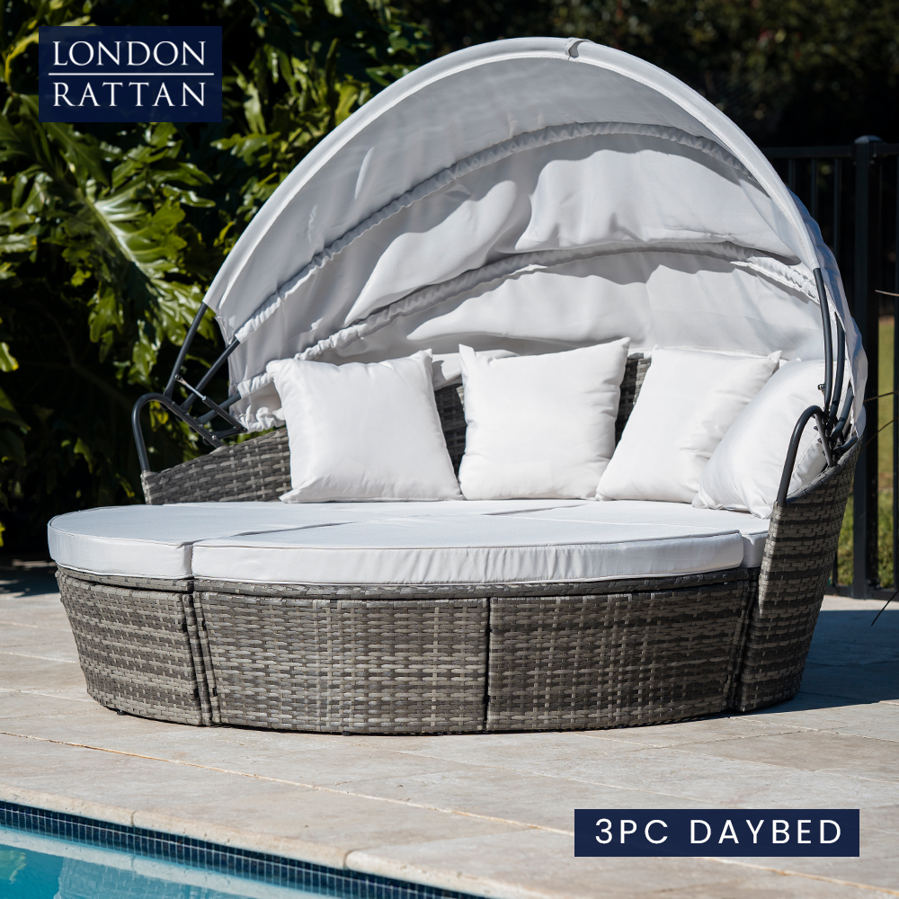 London Rattan 3pc Outdoor Daybed Patio Grey With Off White Canopy