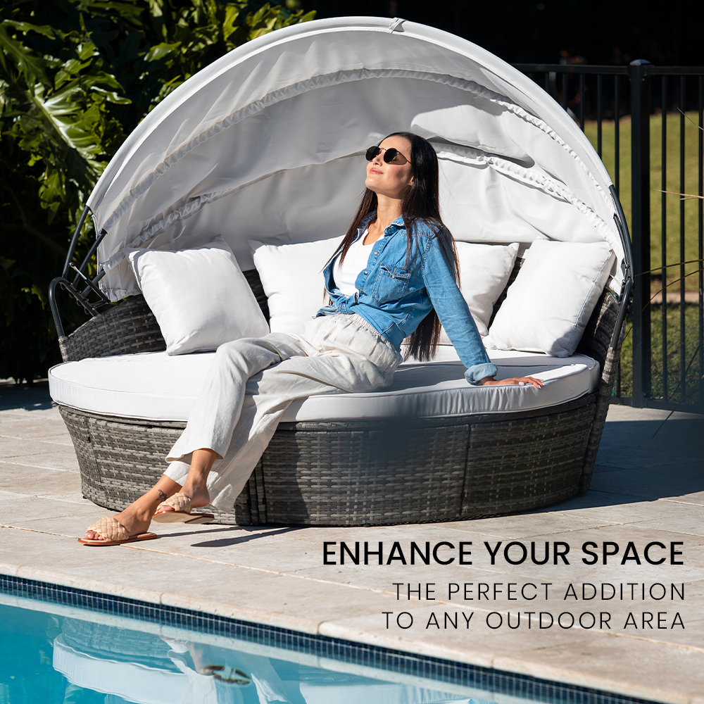 London Rattan 3pc Outdoor Daybed Patio Grey With Off White Canopy