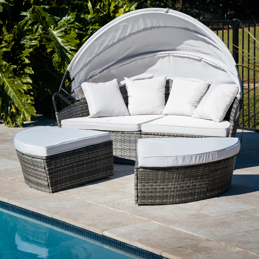 London Rattan 3pc Outdoor Daybed Patio Grey With Off White Canopy