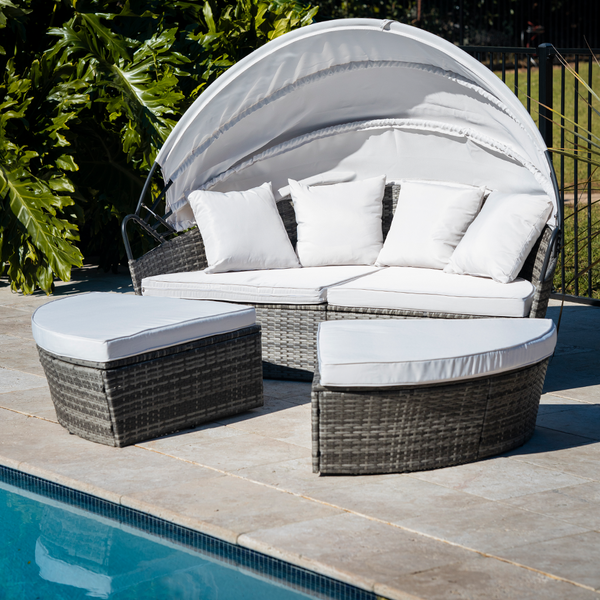 London Rattan 3pc Outdoor Daybed Patio Grey With Off White Canopy