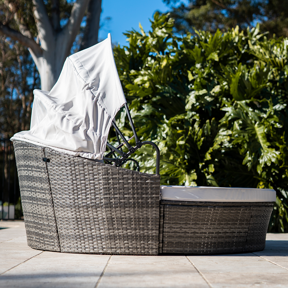 London Rattan 3pc Outdoor Daybed Patio Grey With Off White Canopy