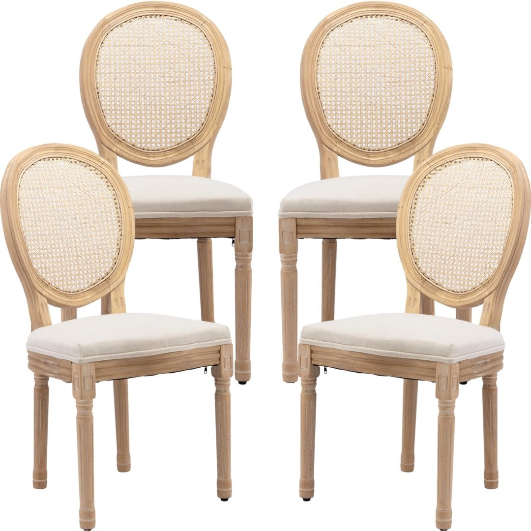 Four wooden chairs with beige cushioned seats and backrests on a white background