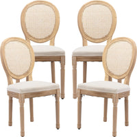 Four wooden chairs with beige cushioned seats and backrests on a white background