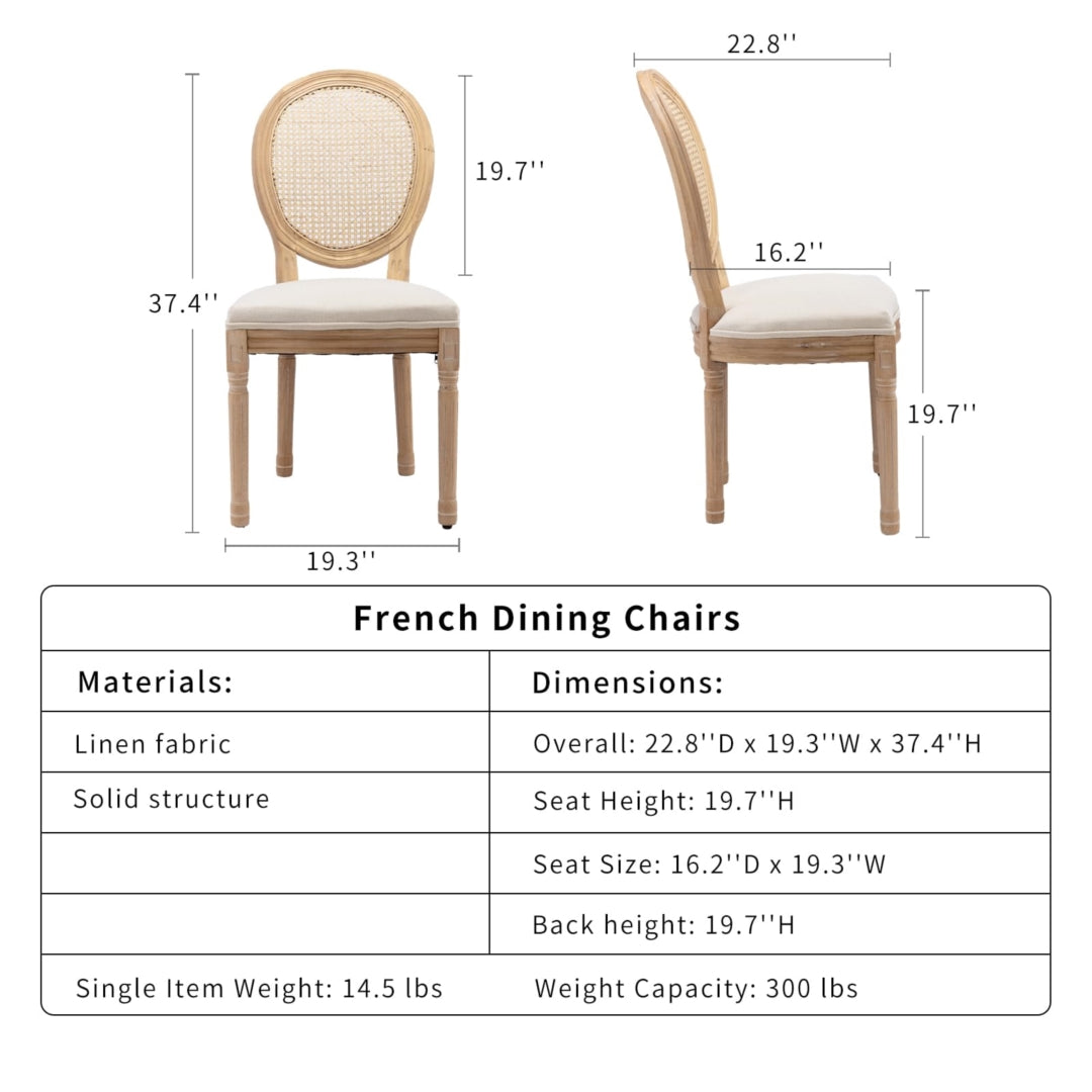Dimensions and specifications of French dining chairs with a white background