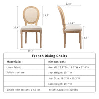 Dimensions and specifications of French dining chairs with a white background