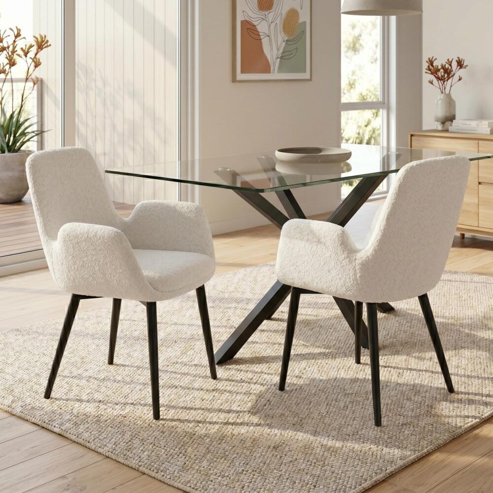 Bliss Bouclé Sherpa Fabric Armrest Dining Chair Set (2 Chairs) - White