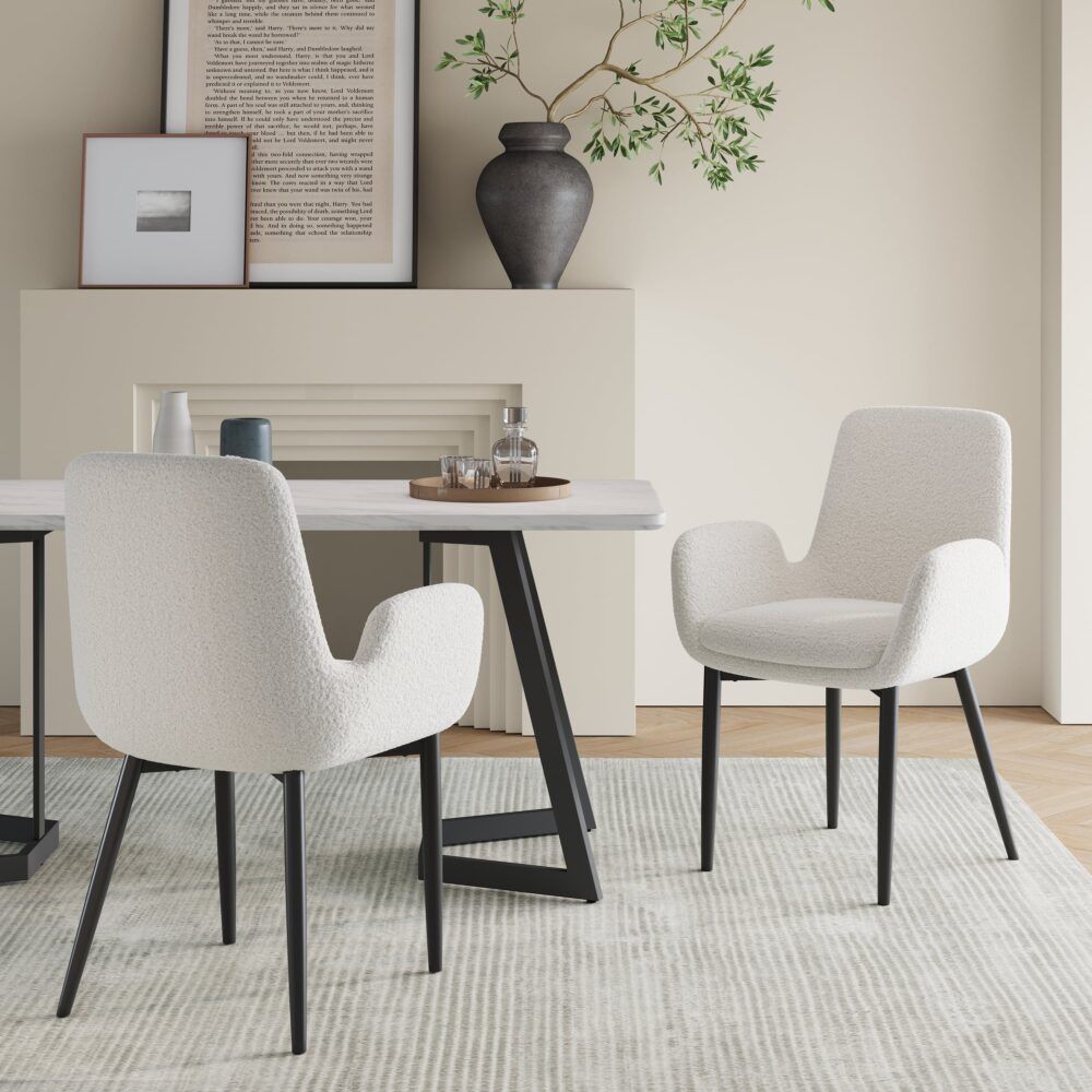Bliss Bouclé Sherpa Fabric Armrest Dining Chair Set (2 Chairs) - White