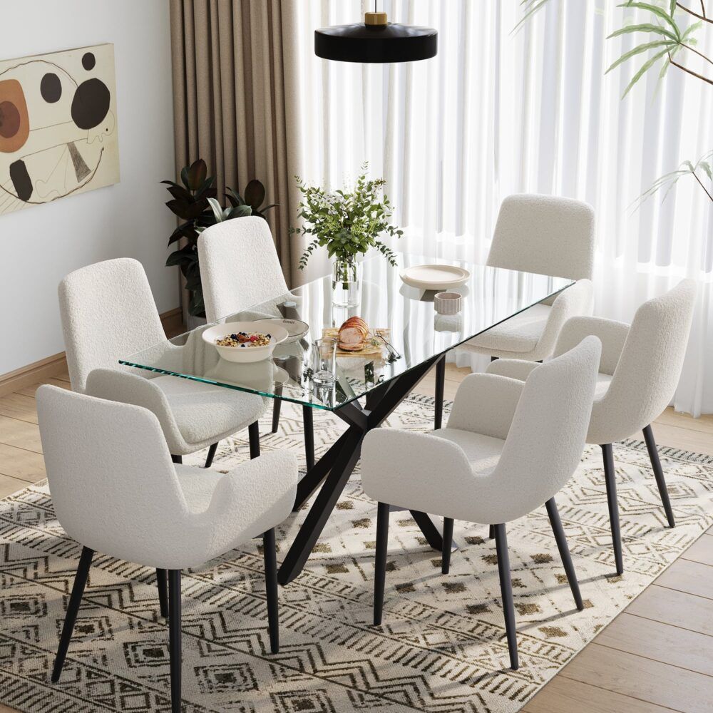 Bliss Bouclé Sherpa Fabric Armrest Dining Chair Set (2 Chairs) - White