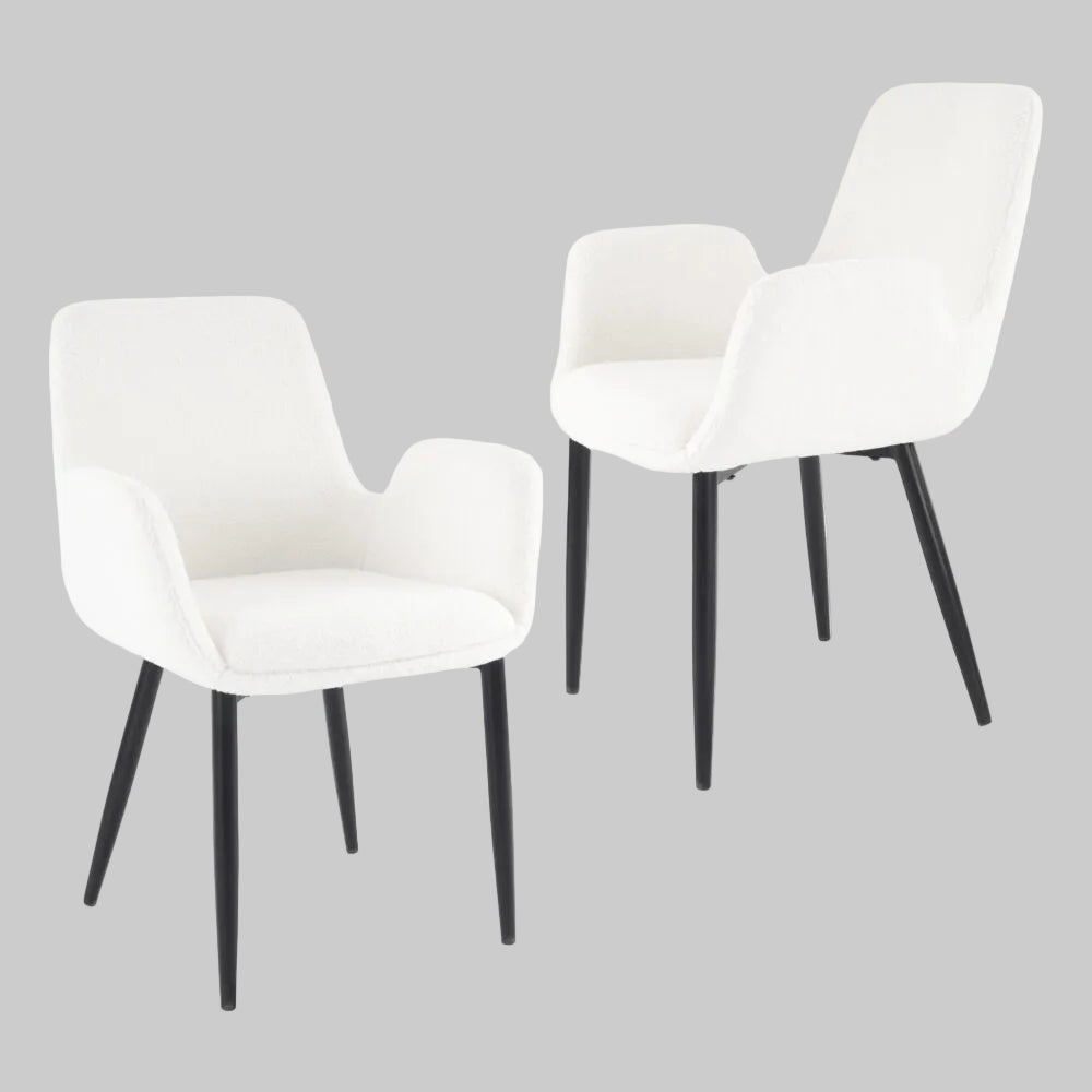 Two white chairs with black legs on a white background