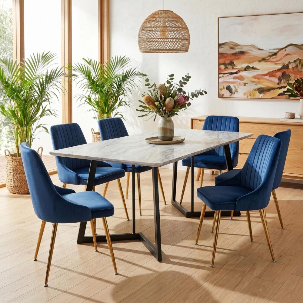 Marble Look Rectangular Dining Table With 6 Chairs