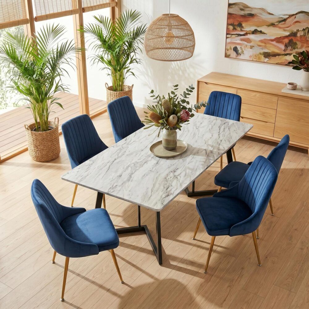 Marble Look Rectangular Dining Table With 6 Chairs
