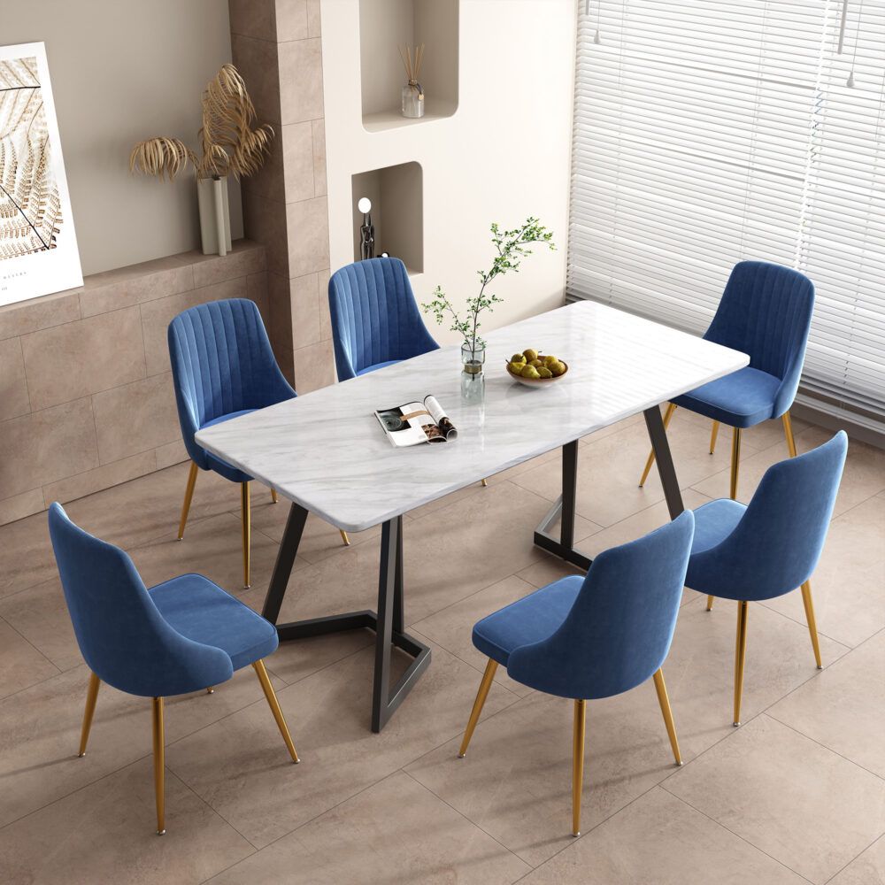 Marble Look Rectangular Dining Table With 6 Chairs
