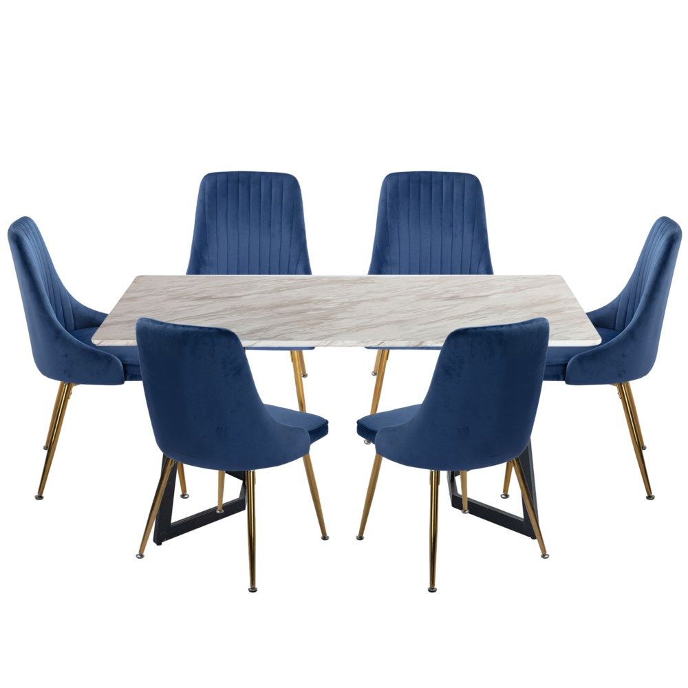 Marble Look Rectangular Dining Table With 6 Chairs