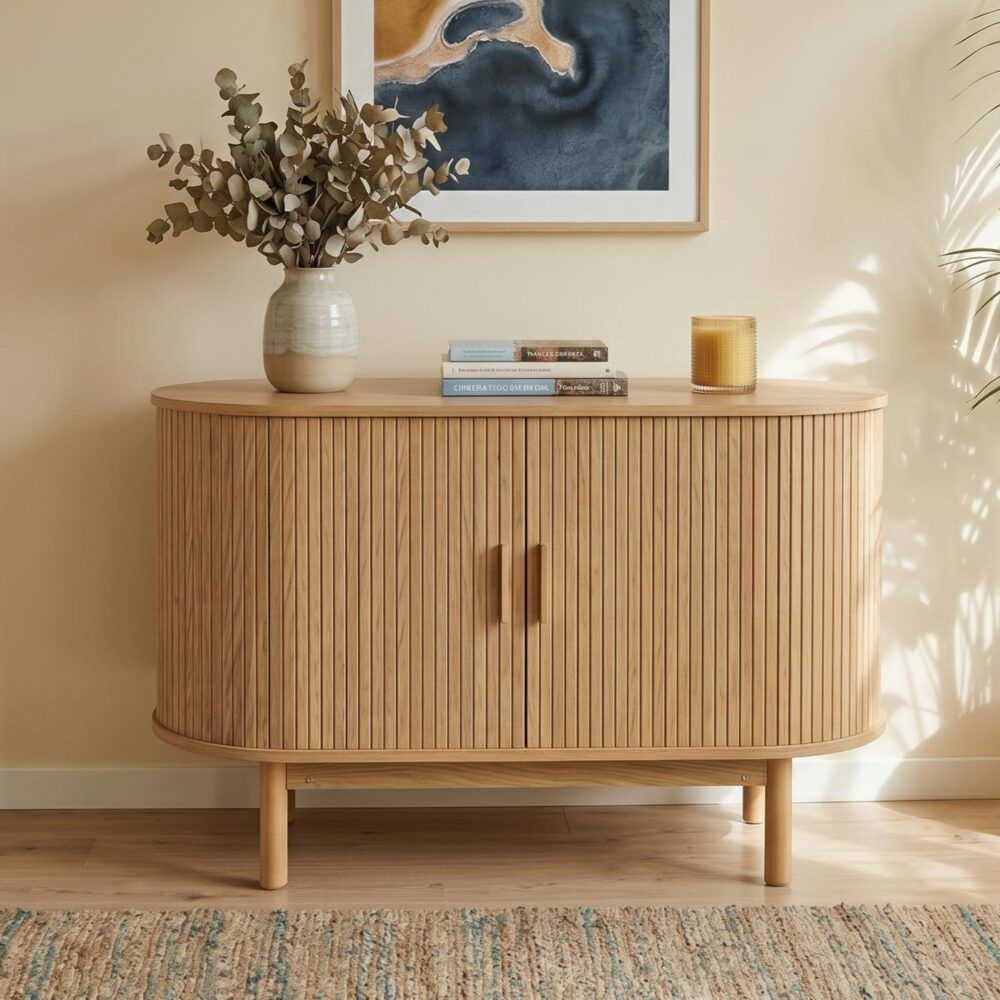 Natural Wood Ribbed Sideboard Cabinet 100cm