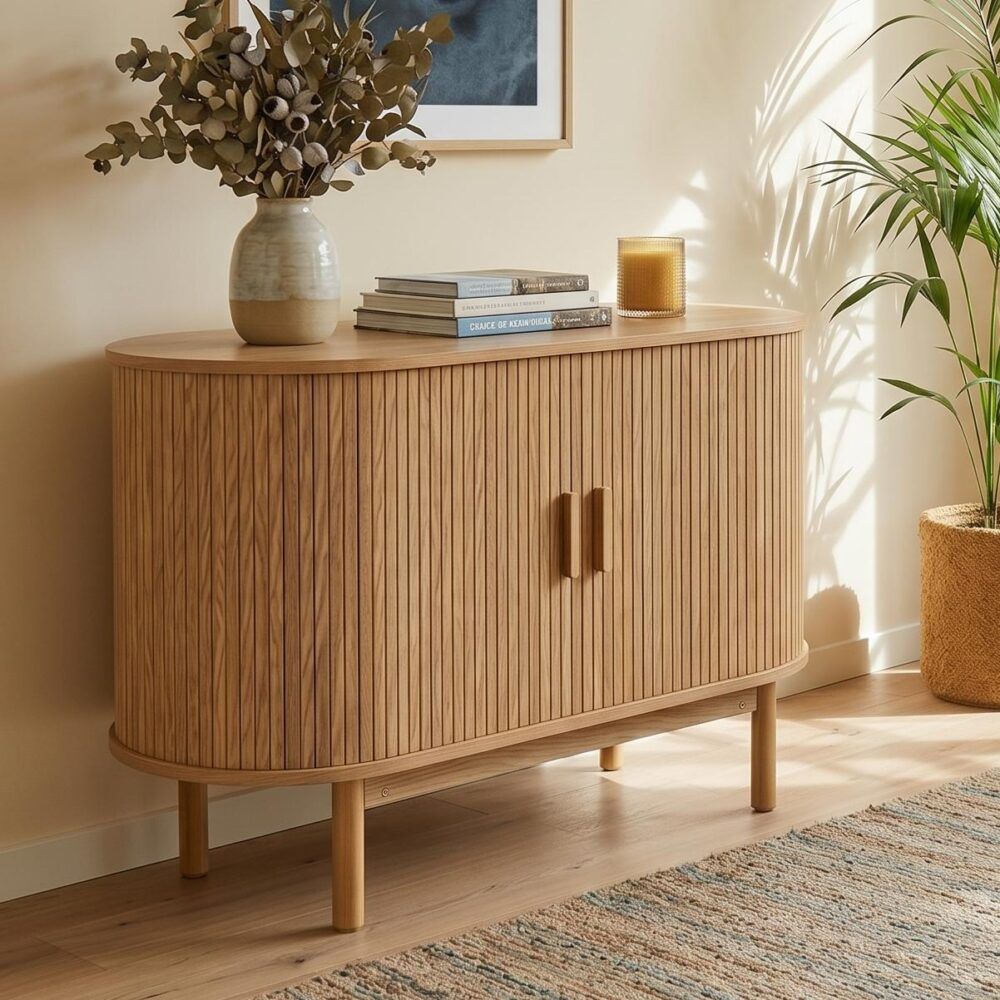 Natural Wood Ribbed Sideboard Cabinet 100cm
