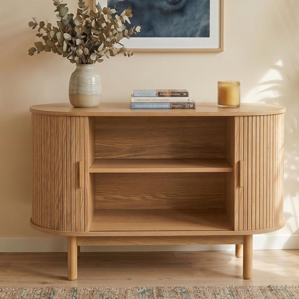 Natural Wood Ribbed Sideboard Cabinet 100cm