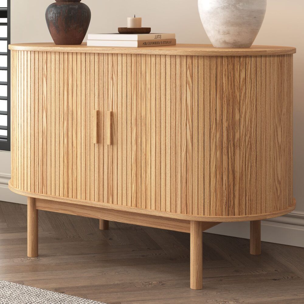 Natural Wood Ribbed Sideboard Cabinet 100cm
