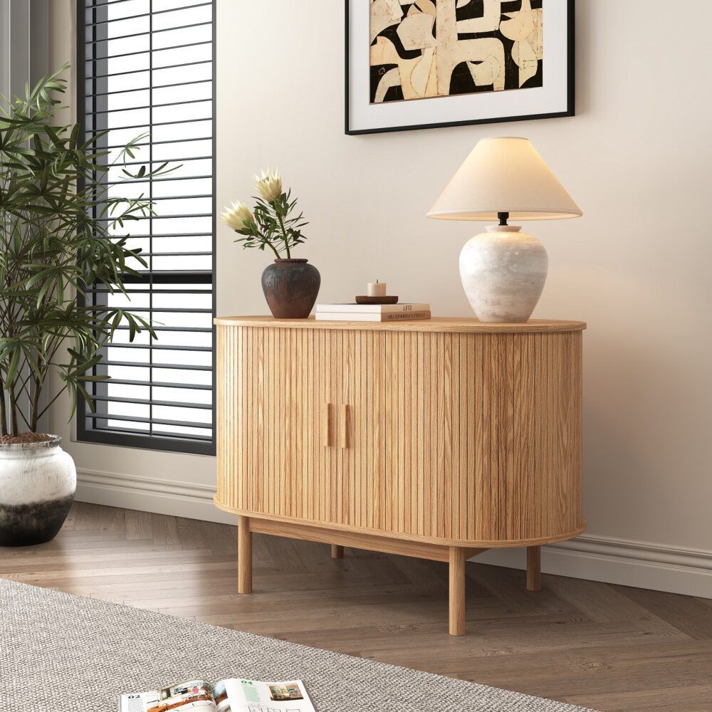 Natural Wood Ribbed Sideboard Cabinet 100cm