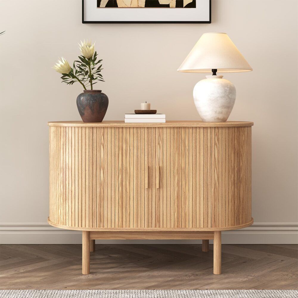 Natural Wood Ribbed Sideboard Cabinet 100cm