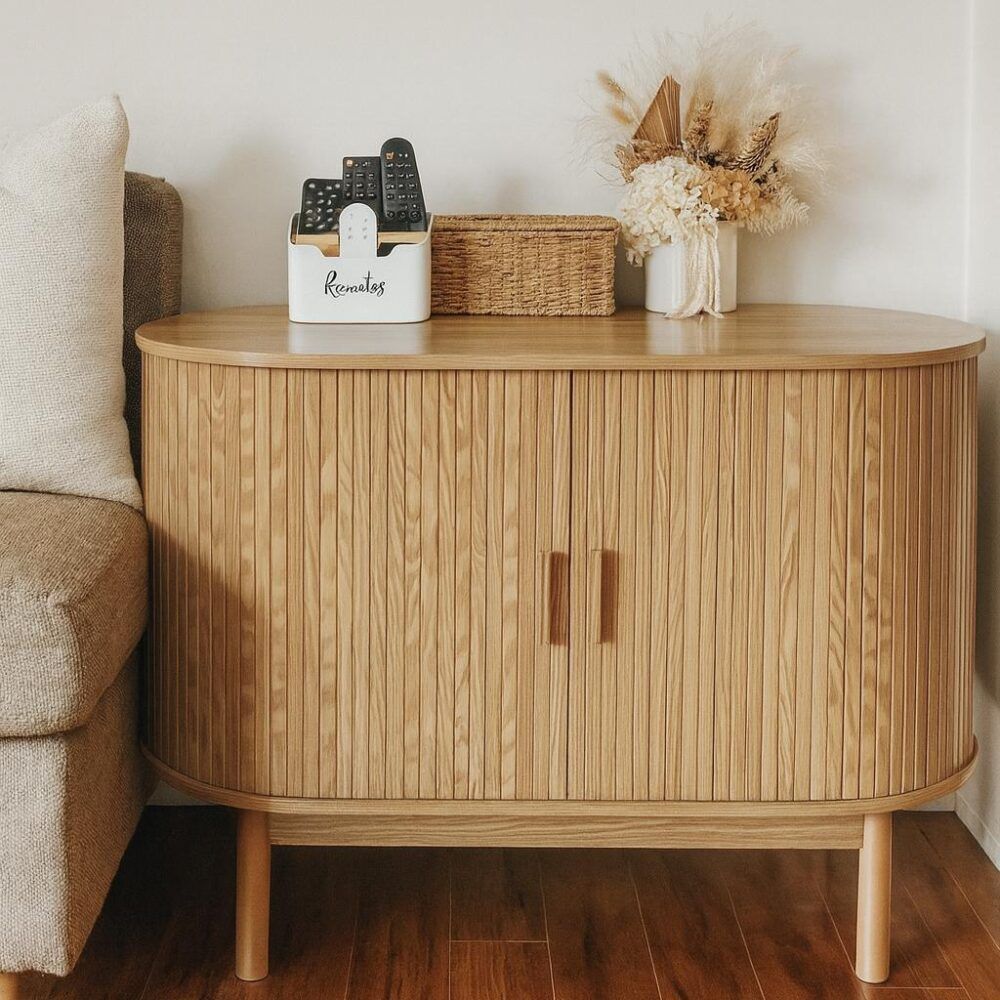 Natural Wood Ribbed Sideboard Cabinet 100cm