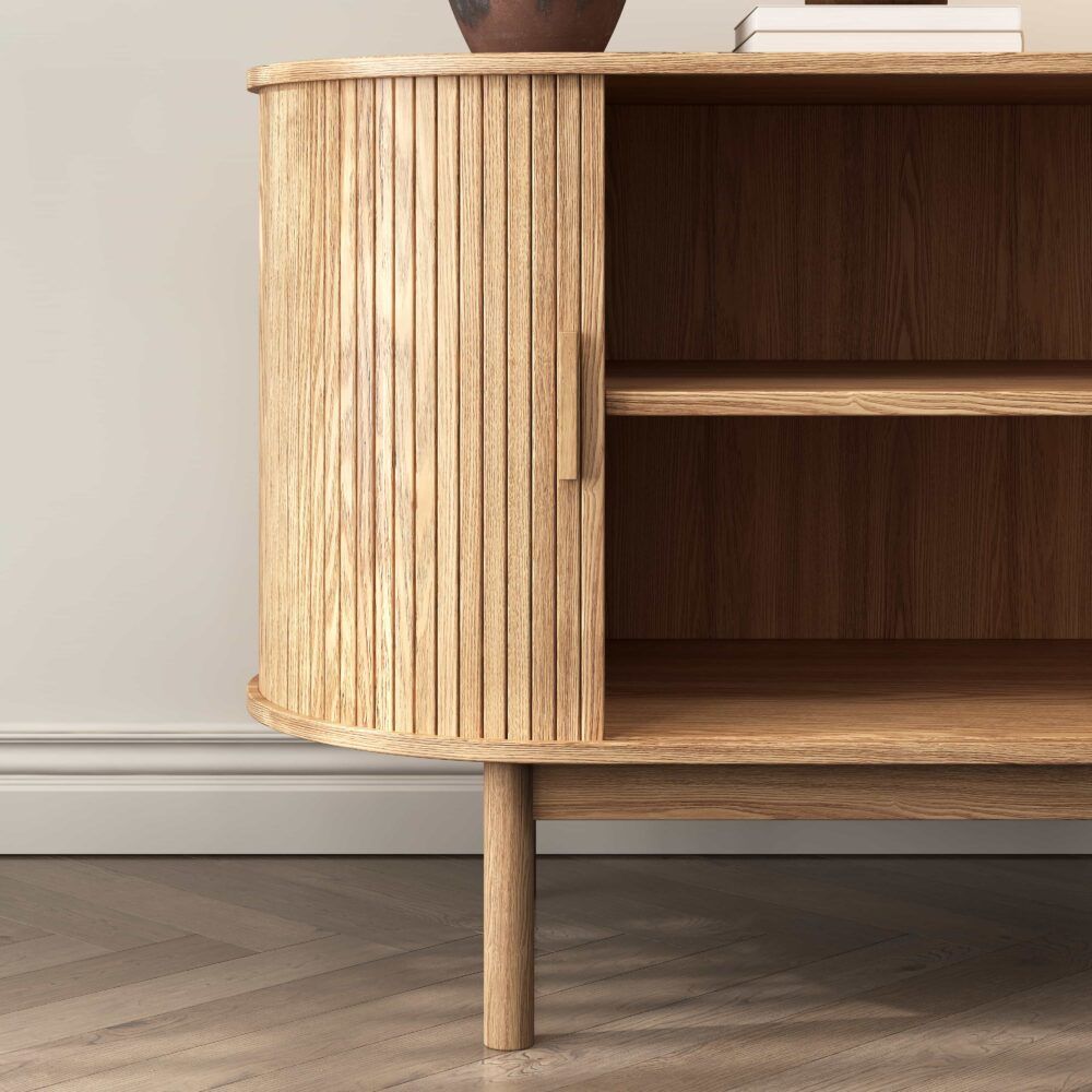 Natural Wood Ribbed Sideboard Cabinet 100cm