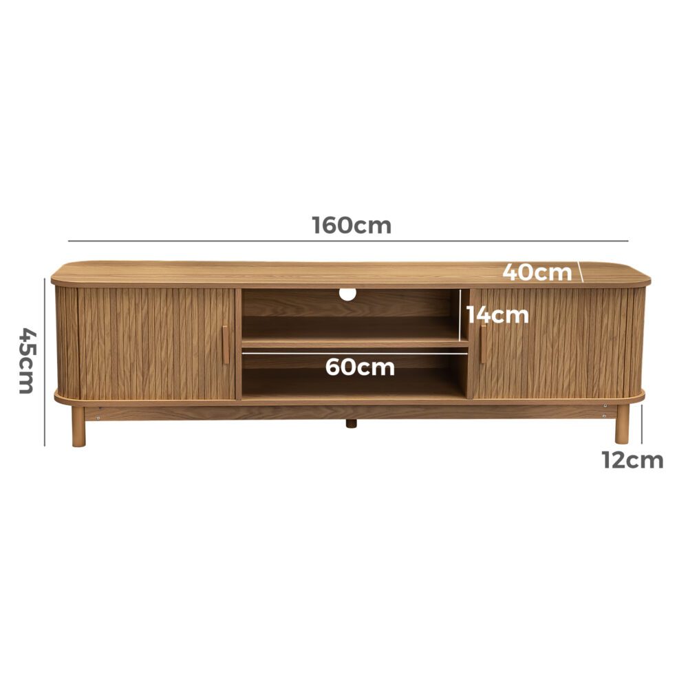 Wooden TV stand with dimensions labeled on a white background