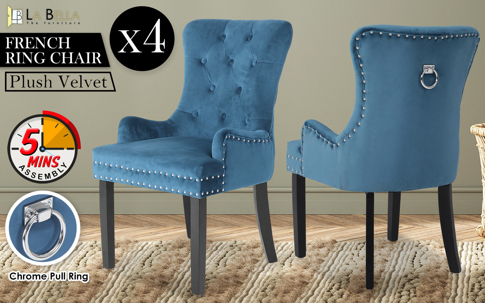 Two blue plush velvet chairs with chrome pull rings on a wooden floor.