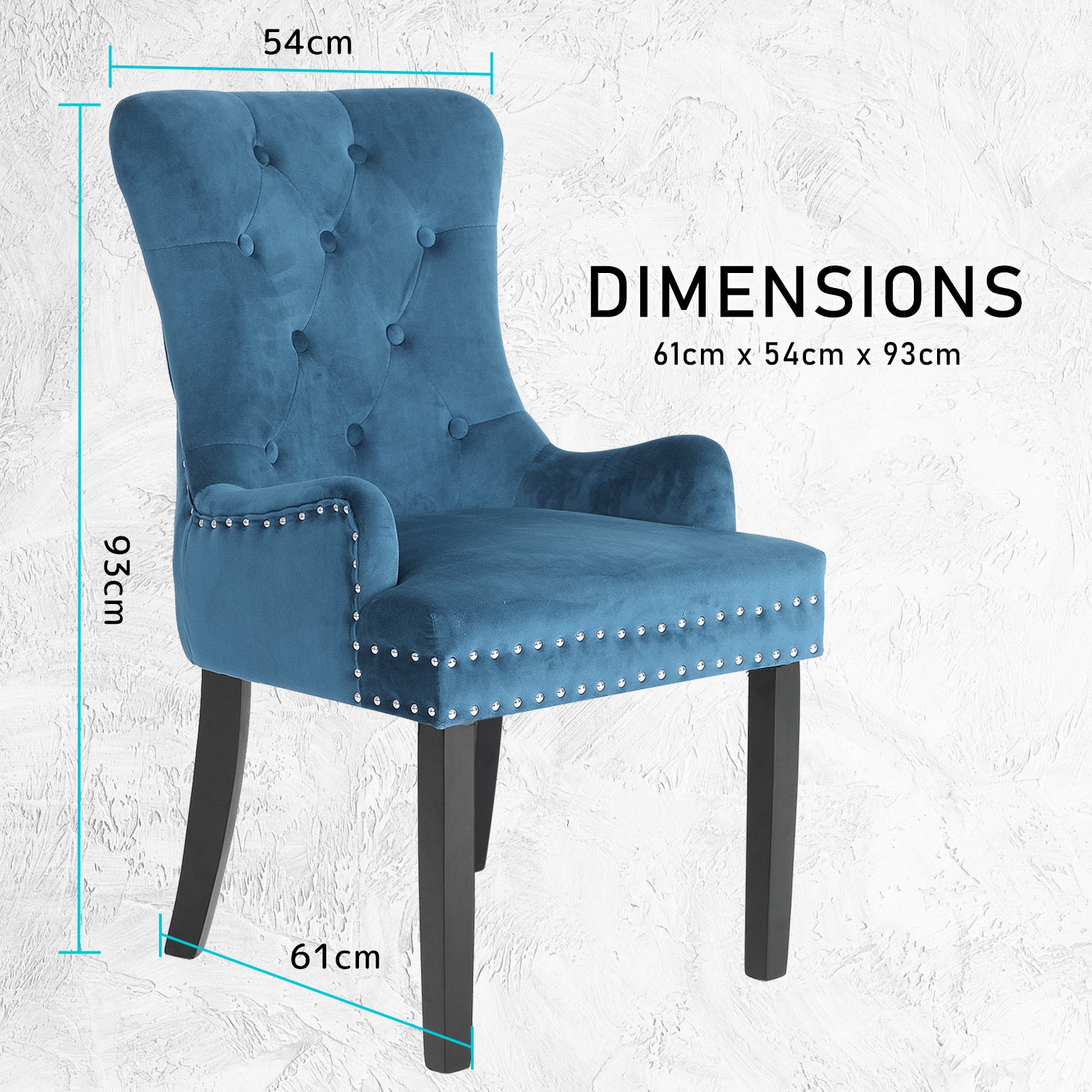 Blue upholstered chair with dimensions labeled on a white background