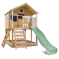 Wooden playhouse with a green slide on a white background