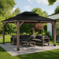 Wooden gazebo with a patio set on a sunny day